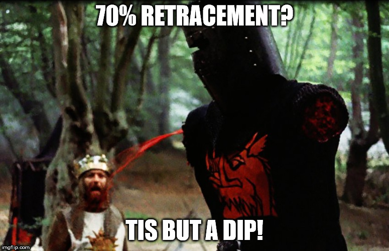Monty Python Black Knight | 70% RETRACEMENT? TIS BUT A DIP! | image tagged in monty python black knight | made w/ Imgflip meme maker