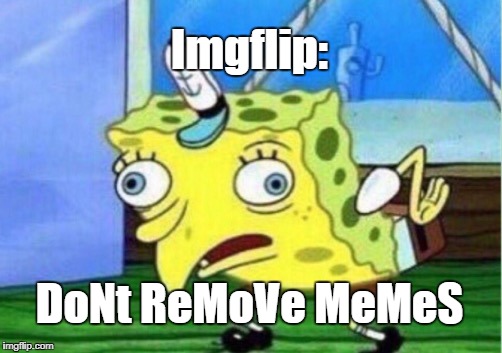Me; Don't remove memes. | Imgflip:; DoNt ReMoVe MeMeS | image tagged in memes,mocking spongebob,imgflip | made w/ Imgflip meme maker