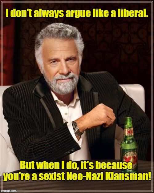 The Most Interesting Man In The World Meme | I don't always argue like a liberal. But when I do, it's because you're a sexist Neo-Nazi Klansman! | image tagged in memes,the most interesting man in the world | made w/ Imgflip meme maker
