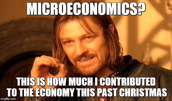 One Does Not Simply | MICROECONOMICS? THIS IS HOW MUCH I CONTRIBUTED TO THE ECONOMY THIS PAST CHRISTMAS | image tagged in memes,one does not simply | made w/ Imgflip meme maker