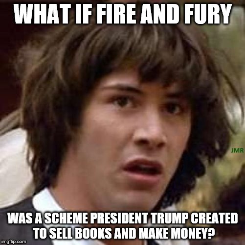Fire and Fury | WHAT IF FIRE AND FURY; WAS A SCHEME PRESIDENT TRUMP CREATED TO SELL BOOKS AND MAKE MONEY? | image tagged in what if,donald trump,money,conspiracy keanu | made w/ Imgflip meme maker