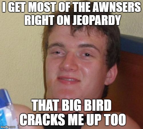 10 Guy TV viewer | I GET MOST OF THE AWNSERS RIGHT ON JEOPARDY; THAT BIG BIRD CRACKS ME UP TOO | image tagged in memes,10 guy,sesame street,quiz shows | made w/ Imgflip meme maker
