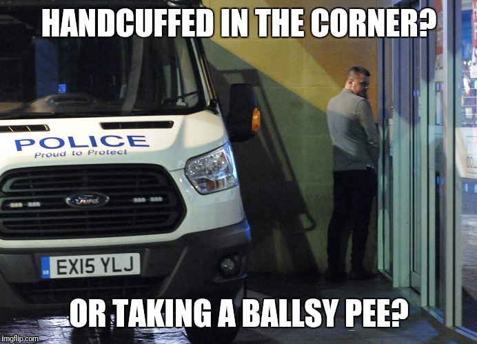 Both? | HANDCUFFED IN THE CORNER? OR TAKING A BALLSY PEE? | image tagged in handcuffs,pee,police,hold my beer,hold on,meme | made w/ Imgflip meme maker