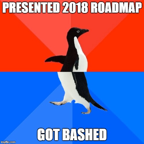 Socially Awesome Awkward Penguin Meme | PRESENTED 2018 ROADMAP; GOT BASHED | image tagged in memes,socially awesome awkward penguin | made w/ Imgflip meme maker