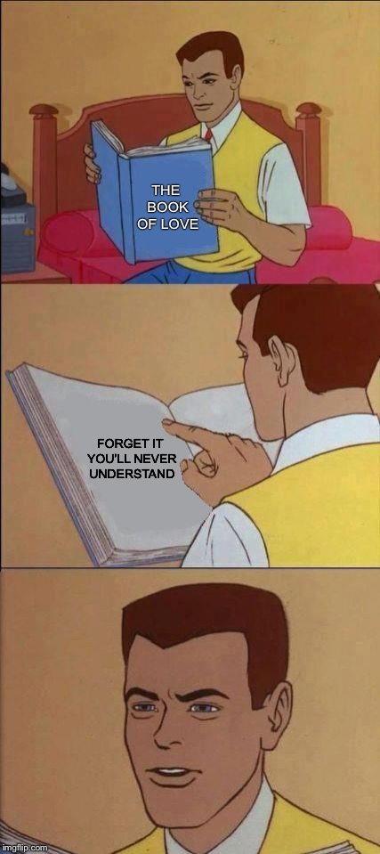 Book of Idiots | THE BOOK OF LOVE; FORGET IT YOU’LL NEVER UNDERSTAND | image tagged in book of idiots,memes,funny | made w/ Imgflip meme maker