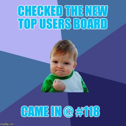 My Mediocrity Knows No Bounds | CHECKED THE NEW TOP USERS BOARD; CAME IN @ #118 | image tagged in memes,success kid | made w/ Imgflip meme maker