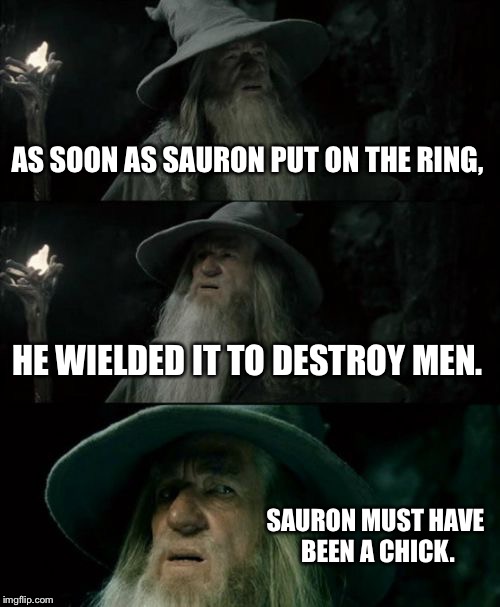 The one ring to start battle of the sexes | AS SOON AS SAURON PUT ON THE RING, HE WIELDED IT TO DESTROY MEN. SAURON MUST HAVE BEEN A CHICK. | image tagged in memes,confused gandalf,lord of the rings,angry fighting married couple husband  wife,feminist chick,battle of the sexes | made w/ Imgflip meme maker