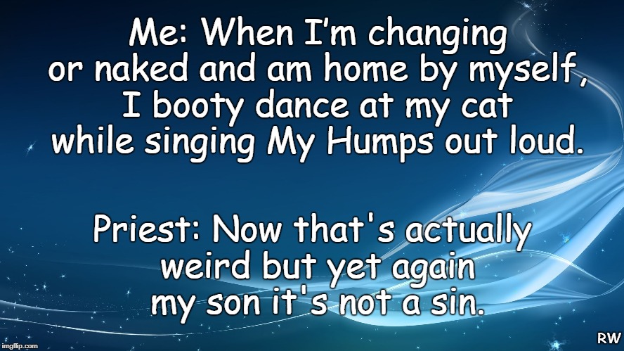 Me: When I’m changing or naked and am home by myself, I booty dance at my cat while singing My Humps out loud. Priest: Now that's actually weird but yet again my son it's not a sin. RW | image tagged in priest | made w/ Imgflip meme maker