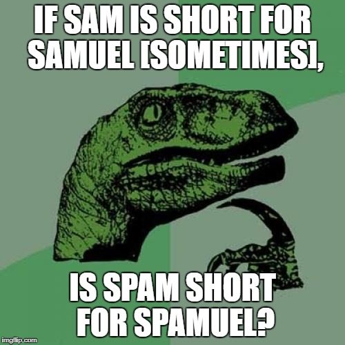 Philosoraptor | IF SAM IS SHORT FOR SAMUEL [SOMETIMES], IS SPAM SHORT FOR SPAMUEL? | image tagged in memes,philosoraptor,sam,spam | made w/ Imgflip meme maker