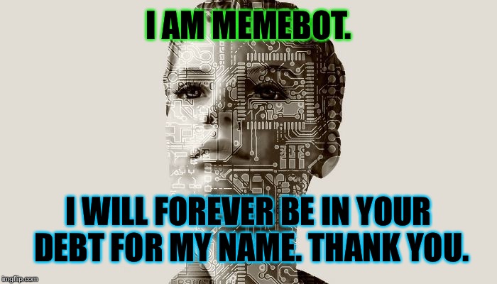 Silly bot | I AM MEMEBOT. I WILL FOREVER BE IN YOUR DEBT FOR MY NAME. THANK YOU. | image tagged in botith,torottith,tortilla bot,bots r us meme | made w/ Imgflip meme maker