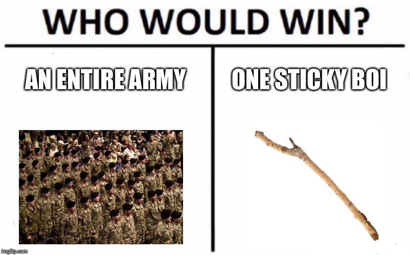 Who Would Win? Meme | AN ENTIRE ARMY; ONE STICKY BOI | image tagged in memes,who would win | made w/ Imgflip meme maker