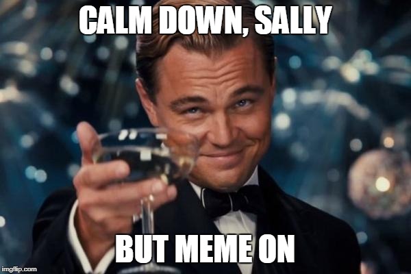 Leonardo Dicaprio Cheers Meme | CALM DOWN, SALLY BUT MEME ON | image tagged in memes,leonardo dicaprio cheers | made w/ Imgflip meme maker
