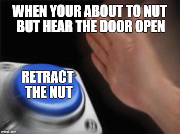 Blank Nut Button | WHEN YOUR ABOUT TO NUT BUT HEAR THE DOOR OPEN; RETRACT THE NUT | image tagged in memes,blank nut button | made w/ Imgflip meme maker