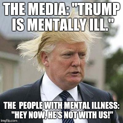 Donald Trump | THE MEDIA: "TRUMP IS MENTALLY ILL."; THE 
PEOPLE WITH MENTAL ILLNESS: "HEY NOW, HE'S NOT WITH US!" | image tagged in donald trump | made w/ Imgflip meme maker