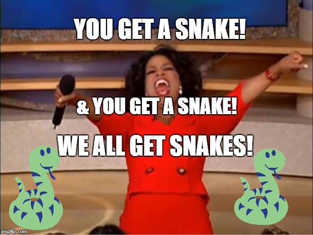 Oprah You Get A Meme | YOU GET A SNAKE! & YOU GET A SNAKE! WE ALL GET SNAKES! | image tagged in memes,oprah you get a | made w/ Imgflip meme maker