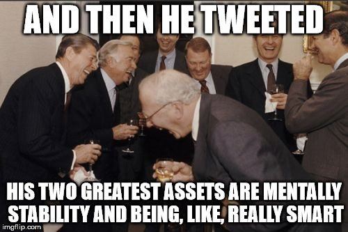 Laughing Men In Suits | AND THEN HE TWEETED; HIS TWO GREATEST ASSETS ARE MENTALLY STABILITY AND BEING, LIKE, REALLY SMART | image tagged in memes,laughing men in suits | made w/ Imgflip meme maker