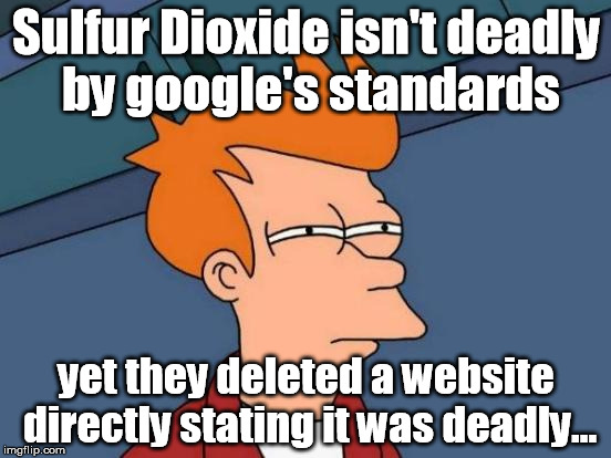 Futurama Fry Meme | Sulfur Dioxide isn't deadly by google's standards; yet they deleted a website directly stating it was deadly... | image tagged in memes,futurama fry | made w/ Imgflip meme maker