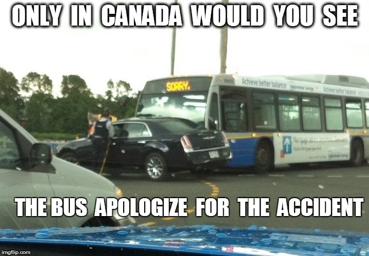 Toto, we're not in New York any longer! | ONLY  IN  CANADA  WOULD  YOU  SEE; THE BUS  APOLOGIZE  FOR  THE  ACCIDENT | image tagged in funny | made w/ Imgflip meme maker