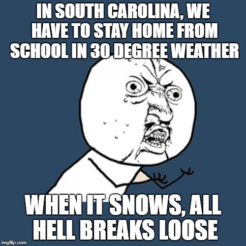 Y U No | IN SOUTH CAROLINA, WE HAVE TO STAY HOME FROM SCHOOL IN 30 DEGREE WEATHER; WHEN IT SNOWS, ALL HELL BREAKS LOOSE | image tagged in memes,y u no | made w/ Imgflip meme maker