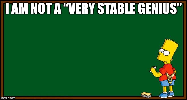 Very stable genius | I AM NOT A “VERY STABLE GENIUS” | image tagged in bart simpson - chalkboard | made w/ Imgflip meme maker
