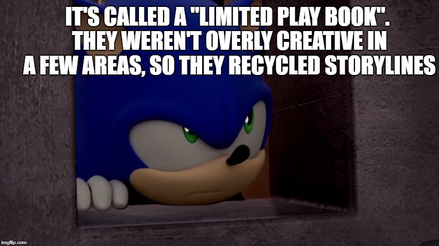 Sonic is Not Impressed - Sonic Boom | IT'S CALLED A "LIMITED PLAY BOOK". THEY WEREN'T OVERLY CREATIVE IN A FEW AREAS, SO THEY RECYCLED STORYLINES | image tagged in sonic is not impressed - sonic boom | made w/ Imgflip meme maker
