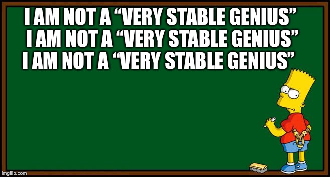 “Very stable genius”  | I AM NOT A “VERY STABLE GENIUS”
 I AM NOT A “VERY STABLE GENIUS”     I AM NOT A “VERY STABLE GENIUS” | image tagged in bart simpson - chalkboard | made w/ Imgflip meme maker