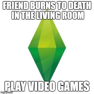 Sims logic | FRIEND BURNS TO DEATH IN THE LIVING ROOM; PLAY VIDEO GAMES | image tagged in sims logic | made w/ Imgflip meme maker