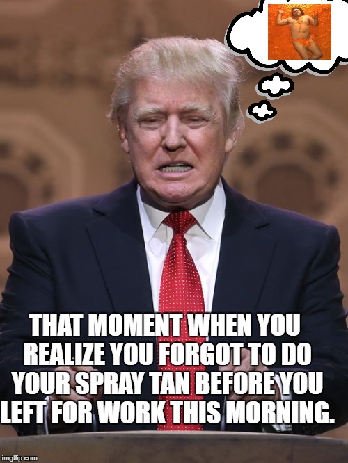 Donald Trump | THAT MOMENT WHEN YOU REALIZE YOU FORGOT TO DO YOUR SPRAY TAN BEFORE YOU LEFT FOR WORK THIS MORNING. | image tagged in donald trump | made w/ Imgflip meme maker