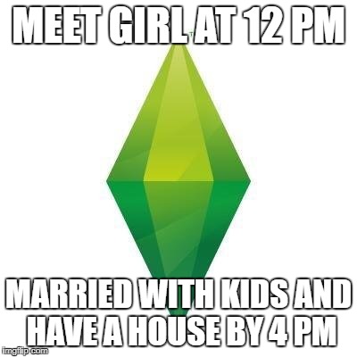 Sims logic | MEET GIRL AT 12 PM; MARRIED WITH KIDS AND HAVE A HOUSE BY 4 PM | image tagged in sims logic | made w/ Imgflip meme maker