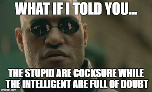 Matrix Morpheus Meme | WHAT IF I TOLD YOU... THE STUPID ARE COCKSURE WHILE THE INTELLIGENT ARE FULL OF DOUBT | image tagged in memes,matrix morpheus,AdviceAnimals | made w/ Imgflip meme maker