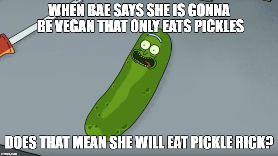 WHEN BAE SAYS SHE IS GONNA BE VEGAN THAT ONLY EATS PICKLES; DOES THAT MEAN SHE WILL EAT PICKLE RICK? | image tagged in pickle rick,rick and morty,memes,smart show | made w/ Imgflip meme maker