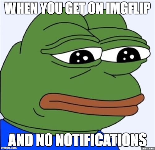 sad frog | WHEN YOU GET ON IMGFLIP; AND NO NOTIFICATIONS | image tagged in sad frog | made w/ Imgflip meme maker