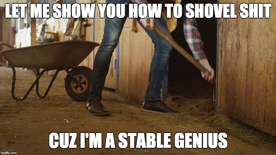 LET ME SHOW YOU HOW TO SHOVEL SHIT; CUZ I'M A STABLE GENIUS | image tagged in stablegenius | made w/ Imgflip meme maker
