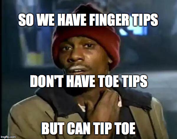 Whats with the tip thing? | SO WE HAVE FINGER TIPS; DON'T HAVE TOE TIPS; BUT CAN TIP TOE | image tagged in memes,y'all got any more of that | made w/ Imgflip meme maker