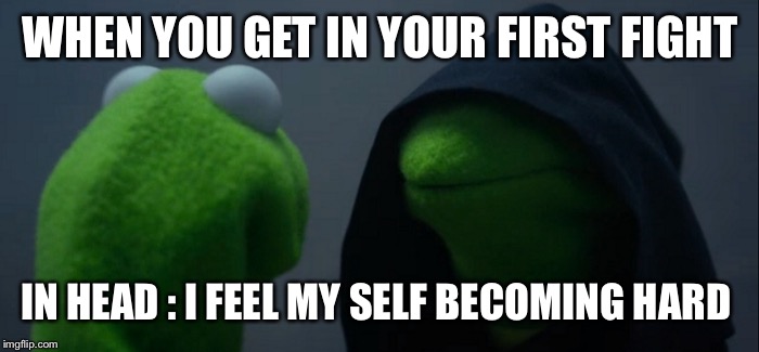 Evil Kermit Meme | WHEN YOU GET IN YOUR FIRST FIGHT; IN HEAD : I FEEL MY SELF BECOMING HARD | image tagged in memes,evil kermit | made w/ Imgflip meme maker