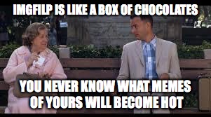 Imgfilp is like a box of chocolates | IMGFILP IS LIKE A BOX OF CHOCOLATES; YOU NEVER KNOW WHAT MEMES OF YOURS WILL BECOME HOT | image tagged in forrest gump box of chocolates,memes,funny memes,funny,imgflip | made w/ Imgflip meme maker