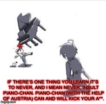 Just don’t do it... | IF THERE’S ONE THING YOU LEARN IT’S TO NEVER, AND I MEAN NEVER, INSULT PIANO-CHAN. PIANO-CHAN (WITH THE HELP OF AUSTRIA) CAN AND WILL KICK YOUR A**. | image tagged in hetalia,geek week,never insult the piano | made w/ Imgflip meme maker