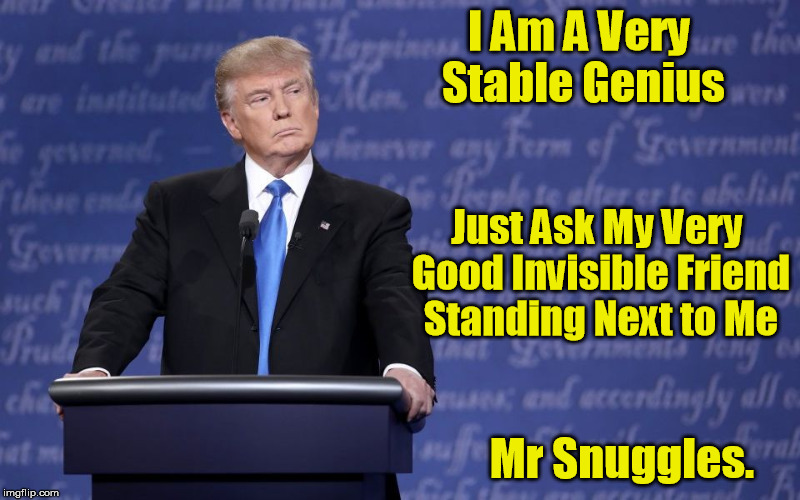 Trump's Invisible Friend Mr Snuggles | I Am A Very Stable Genius; Just Ask My Very Good Invisible Friend Standing Next to Me; Mr Snuggles. | image tagged in trump is stable,trump a genius | made w/ Imgflip meme maker