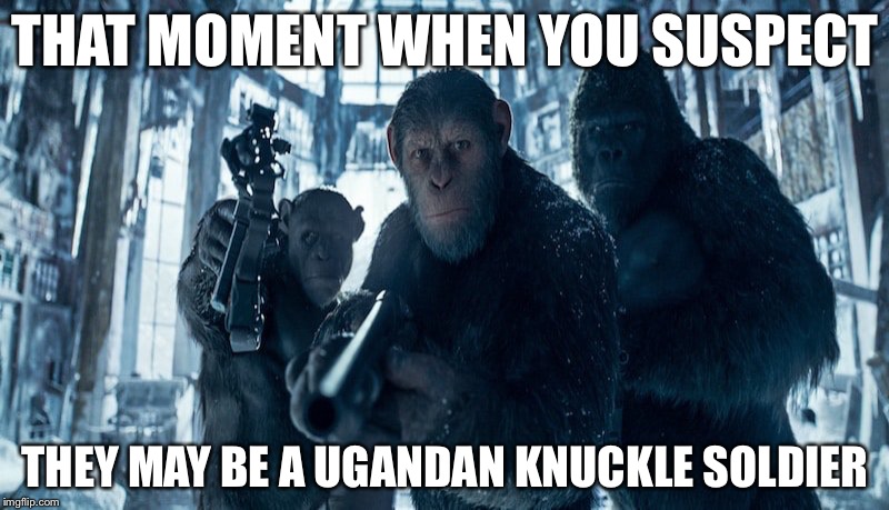 Ugandan Knuckle Resistance | THAT MOMENT WHEN YOU SUSPECT; THEY MAY BE A UGANDAN KNUCKLE SOLDIER | image tagged in planet of the apes,guns | made w/ Imgflip meme maker