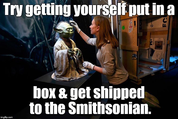Yoda hitting on museum babe | Try getting yourself put in a box & get shipped to the Smithsonian. | image tagged in yoda hitting on museum babe | made w/ Imgflip meme maker