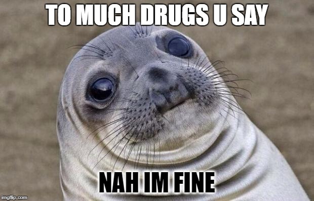 Awkward Moment Sealion Meme | TO MUCH DRUGS U SAY; NAH IM FINE | image tagged in memes,awkward moment sealion | made w/ Imgflip meme maker