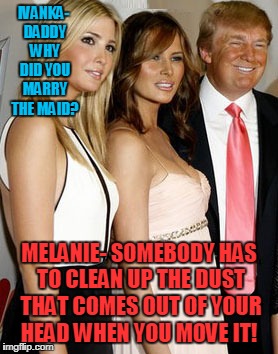 WH Taunts! | IVANKA- DADDY WHY DID YOU MARRY THE MAID? MELANIE- SOMEBODY HAS TO CLEAN UP THE DUST THAT COMES OUT OF YOUR HEAD WHEN YOU MOVE IT! | image tagged in ivanka melania,donald trump | made w/ Imgflip meme maker