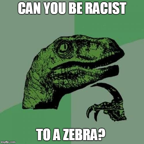 But they're black and white | CAN YOU BE RACIST; TO A ZEBRA? | image tagged in memes,philosoraptor,funny,racism,no racism,zebra | made w/ Imgflip meme maker