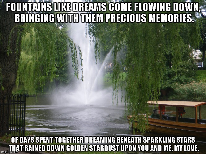 Fountains Like Dreams | FOUNTAINS LIKE DREAMS COME FLOWING DOWN, BRINGING WITH THEM PRECIOUS MEMORIES. OF DAYS SPENT TOGETHER DREAMING BENEATH SPARKLING STARS THAT RAINED DOWN GOLDEN STARDUST UPON YOU AND ME, MY LOVE. | image tagged in dreams,fountains,memories,stars,love,stardust | made w/ Imgflip meme maker