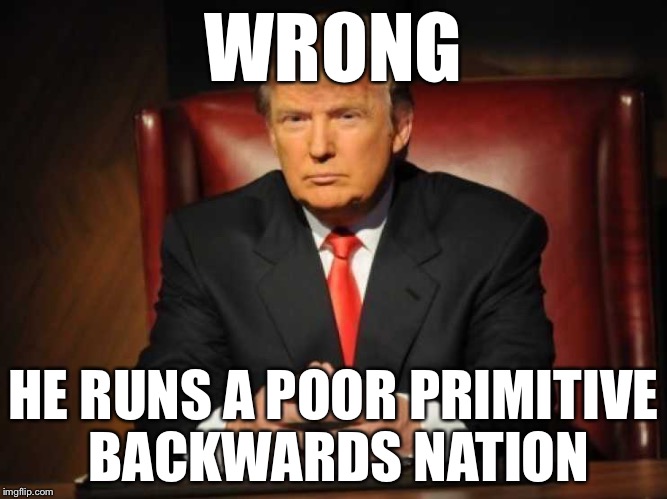 Trump | WRONG HE RUNS A POOR PRIMITIVE BACKWARDS NATION | image tagged in trump | made w/ Imgflip meme maker