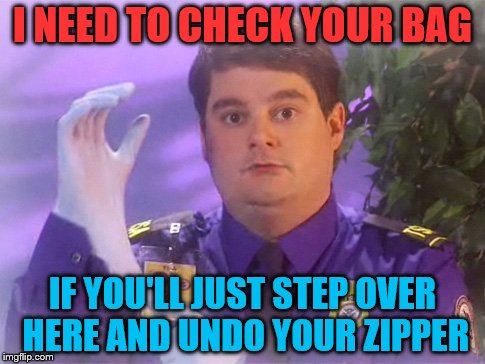 Things TSA Agents might say |  I NEED TO CHECK YOUR BAG; IF YOU'LL JUST STEP OVER HERE AND UNDO YOUR ZIPPER | image tagged in memes,tsa douche | made w/ Imgflip meme maker