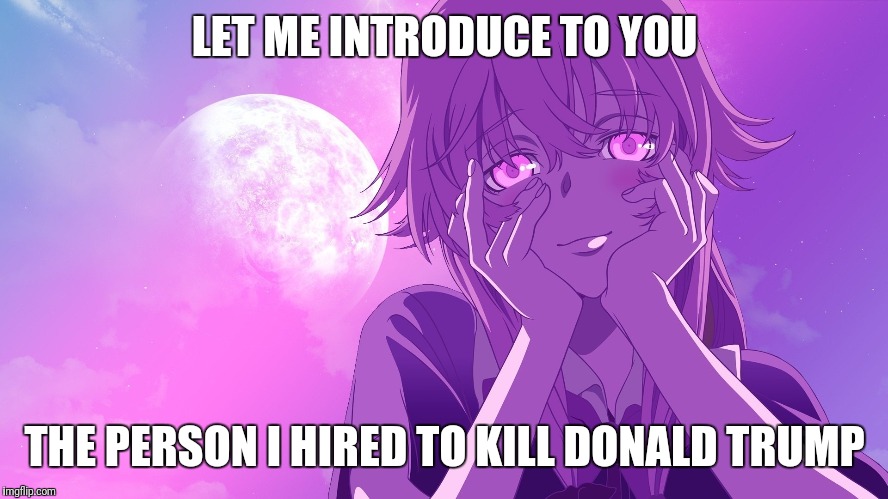 Yuno Gasai | LET ME INTRODUCE TO YOU; THE PERSON I HIRED TO KILL DONALD TRUMP | image tagged in yuno gasai | made w/ Imgflip meme maker