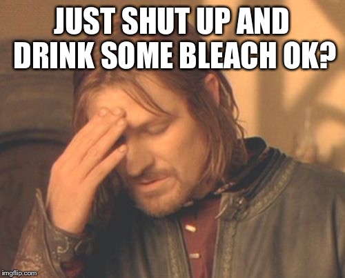 Frustrated Boromir Meme | JUST SHUT UP AND DRINK SOME BLEACH OK? | image tagged in memes,frustrated boromir | made w/ Imgflip meme maker