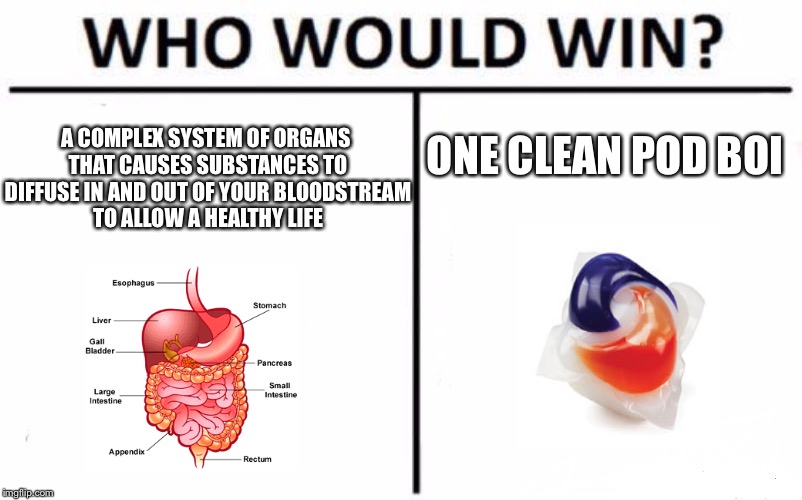 Tide Pods win | ONE CLEAN POD BOI; A COMPLEX SYSTEM OF ORGANS THAT CAUSES SUBSTANCES TO DIFFUSE IN AND OUT OF YOUR BLOODSTREAM TO ALLOW A HEALTHY LIFE | image tagged in memes,who would win | made w/ Imgflip meme maker