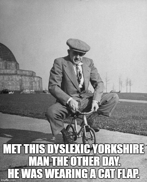 MET THIS DYSLEXIC YORKSHIRE MAN THE OTHER DAY. HE WAS WEARING A CAT FLAP. | image tagged in what if i told you | made w/ Imgflip meme maker